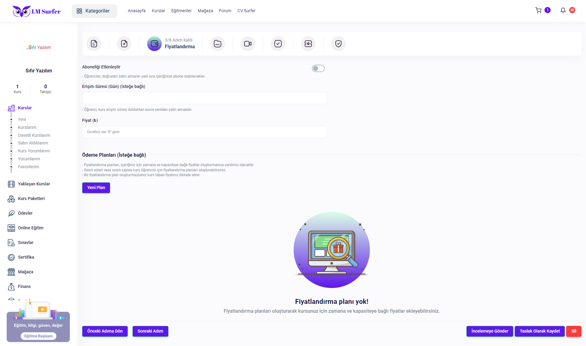 LM Surfer Webinar olusturma fiyatlandirma adimi